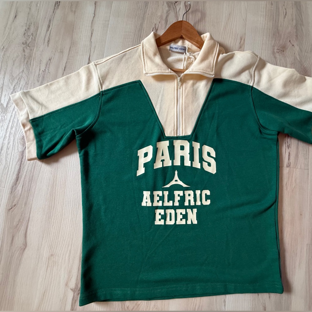 Aelfric Eden Paris Half Zip Top Unisex Streetwear Green Cream Size S Kids NWT